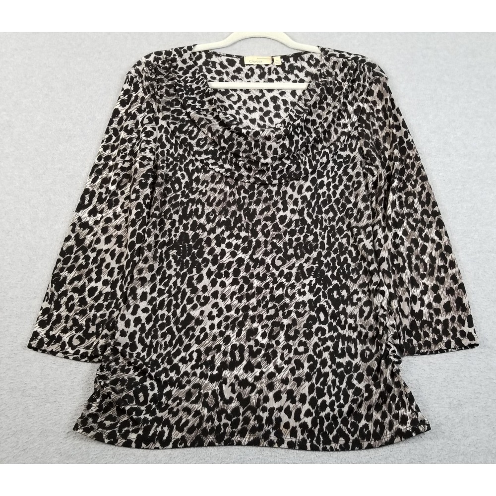 Choices Top Womens M Medium Black Gray Leopard Print 3/4 Sleeve Cowlneck Slinky